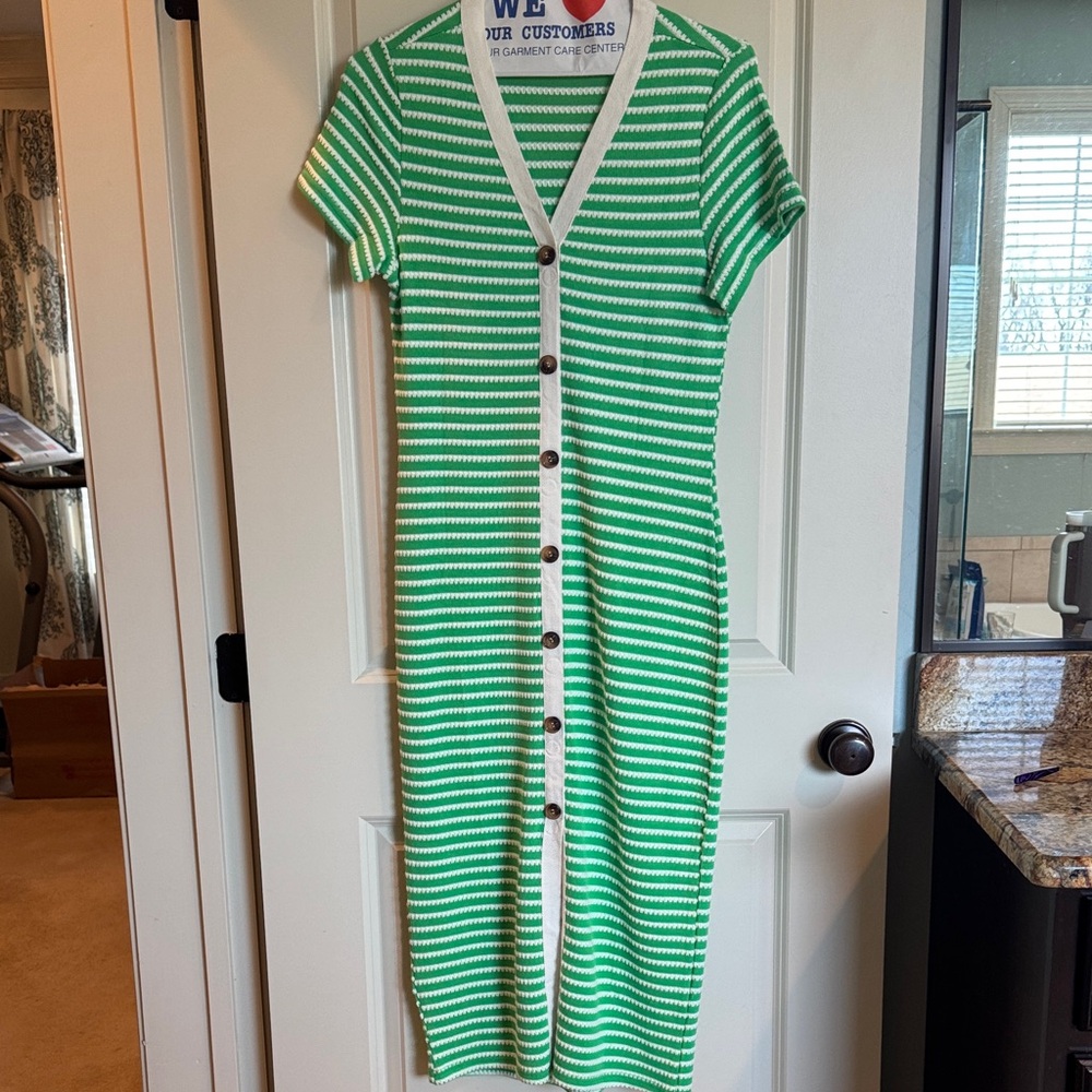 Green & White Striped Faux Button-Front Knit Dress